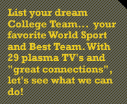 List your dream College Team...  your favorite World Sport and Best Team. With 29 plasma TV's and great connections, let's see what we can do!